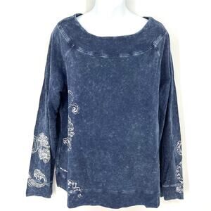 Chico's Zenergy Blue Acid Wash Floral Scroll Long Sleeve Cotton Tunic Chico's 2